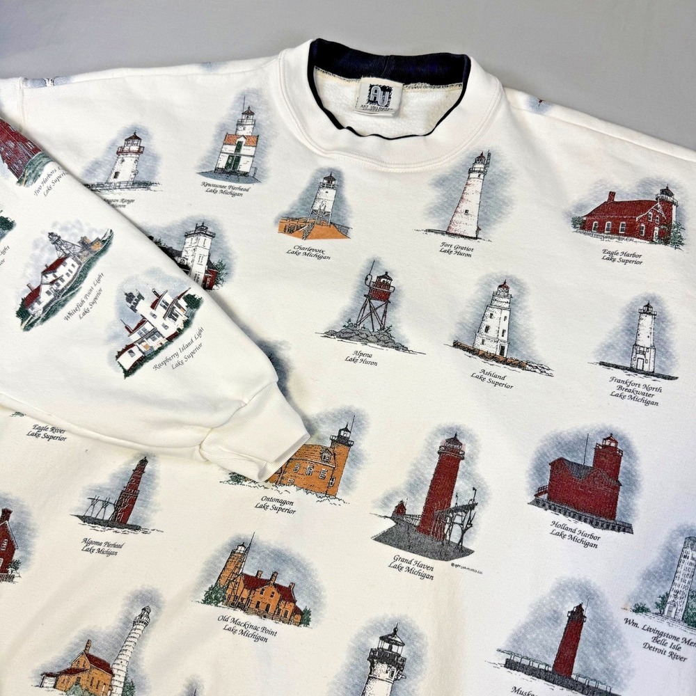 Vintage Art Unlimited Michigan Lighthouses Sweatshirt AOP Size 3XL Made In USA
